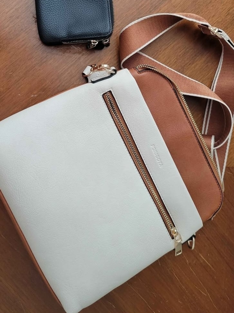 Pebbled Two-Tone Crossbody Bag in White and Brown